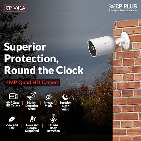 CP PLUS 4MP Bullet Wireless Security Camera | 1440P Resolution | Motion Detection | Two Way Talk | Night Vision | Supports Alexa & Ok Google | IR Distance of 15 Mtr., IP65, White - CP-V41A